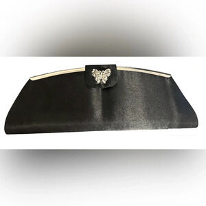TOVA BEVERLY HILLS BLACK SATIN EVENING CLUTCH PURSE BUTTERFLY MAGNET SNAP